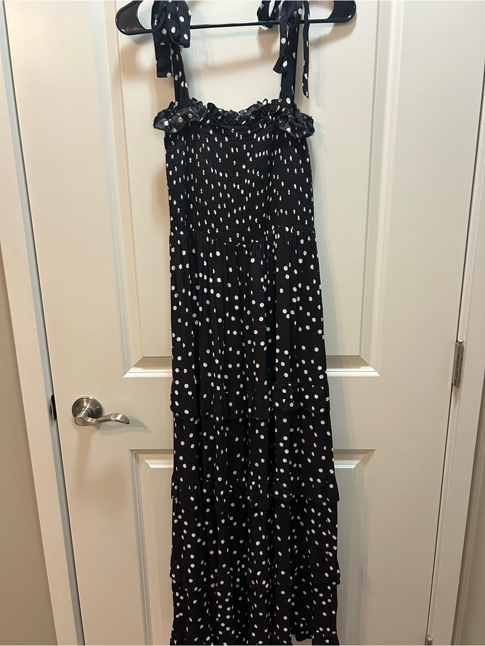 R. Vivimos Polka Dot Maxi Dress Black White Smocked Tiered Boho Cottagecore M